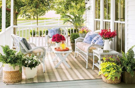 How To Clean Pollen Off Your Outdoor Furniture Brick Porch, Porch And Patio, Patio Design Ideas, Covered Patios, Outdoor Wicker Furniture, Porch Design, The Porch, Screened Porch, Wicker Furniture