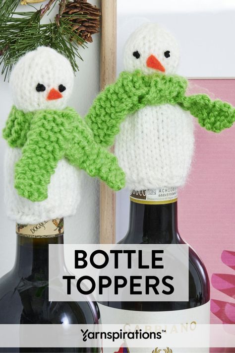 Free knit and crochet bottle toppers. These memorable bottle toppers are great for topping off a hostess gift this season. #Yarnspirations #FreeKnitPattern #FreeCrochetPattern #BottleTopper #WineTopper #HostessGift Wine Toppers, Felt Carrot, Garter Stitch Scarf, Red Heart Super Saver Yarn, Easy Knitting Patterns Free, Miniature Tutorials, Bottle Toppers, Christmas Knitting Patterns, Yarn Store