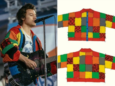 Designer of Harry Styles' Sweater Shared Pattern for TikTokers, Fans Harry Cardigan, Harry Styles Sweater, Harry Styles Clothes, Harry Styles Cardigan, Patchwork Sweater, Mode Crochet, Diy Sweatshirt, Colored Cardigans, Moss Stitch