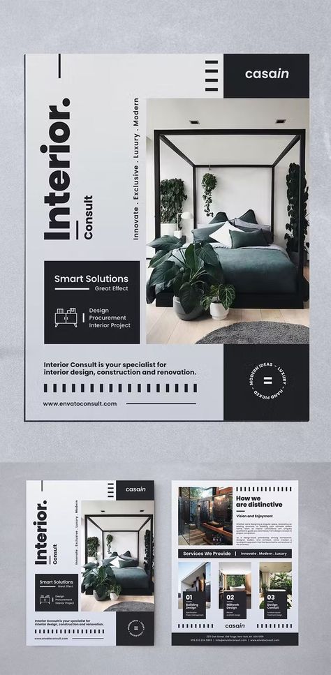 Interior Flyer Template PSD Interior Brochures, Interior Design Portfolio Layout, Materials Board Interior Design, Interior Design Portfolios, Social Media Branding Design, Poster Design Layout, Page Layout Design, Flyer Design Layout, Portfolio Design Layout