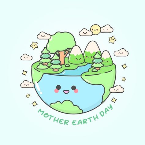 Save The Mother Earth Drawing, Cute Earth Drawings, Save The Earth Poster, Earth Doodle, Earth Day Illustration, Mother Earth Drawing, Cute Facial Expressions, Yard Statues, Earth Cartoon