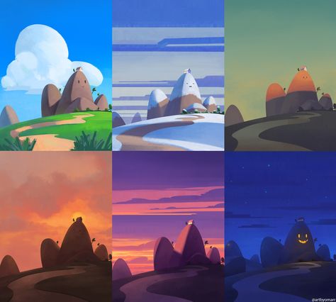 Lighting In Digital Art, Environment Lighting Reference, Night Color Palette Illustration, Color Cube Palette, Character Design Mood Board, Digital Painting Background, Digital Painting Landscape, Color Palette Art, Landscape Digital Art