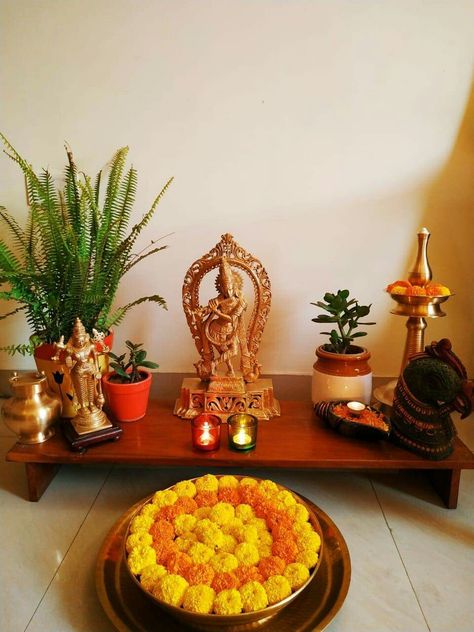 Puja Table Decoration, Miniature Fairy Garden Diy, Mandir Decor, Puja Table, Center Table Decor, Pooja Decor, Iphone Wallpaper Yellow, Brass Decoration, Indian Theme