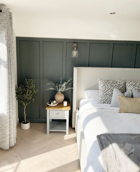 Bedroom Panelling Modern, Bedroom Ideas Green Panelling, Panelled Bedroom Wall Headboards, Bedroom Headboard Paneling, Super King Bedroom Ideas, Vertical Bedroom Panelling, Bedroom Dark Panelling, Panelling Green Bedroom, Green Bedroom Wall Panelling