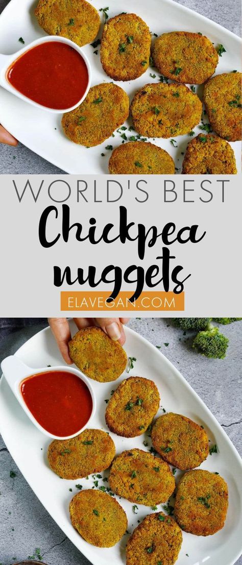 These vegan crispy chickpea nuggets are packed with fiber, protein, and plant-based goodness and perfect for serving to veggie-wary children (and adults!). They're gluten-free, egg-free, soy-free, low-fat, and baked or air-fried in under 30 minutes! Broccoli Nuggets, Chickpea Bites, Chickpea Broccoli, Chickpea Nuggets, Vegan Chickpea Recipes, Crispy Chickpea, Vegan Meat Recipe, Quick Easy Recipes, Soy Free Vegan