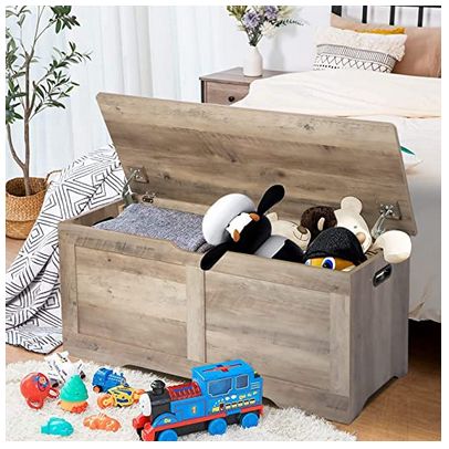 Timberer 39.4" Storage Chest, Wooden Storage Bench, Lift Top Toy Chest with 2 Safety Hinges, Large Toy Box, Entryway Bench for Living Room, Bedroom, Grey Large Toy Box, Large Storage Bench, Wooden Storage Bench, Live In Style, Entryway Storage, Top Toys, Blanket Chest, Gray Bedroom, Wooden Storage