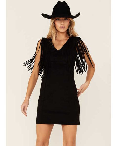 Idyllwind Womens Black Lady Bird Faux Suede Fringe Muscle Sleeve Dress, Black Dress Boot, Black Cowgirl, Faux Suede Dress, Western Party, Boot Barn, Black Lady, Lady Bird, Suede Dress, Suede Fringe