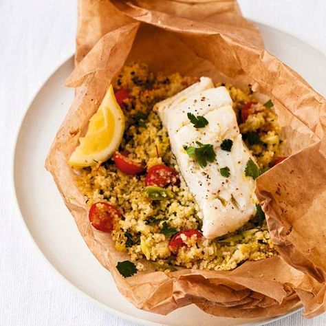 Steamed Fish with Couscous Parcels Recipe Ideas - Healthy & Easy Recipes | House & Garden Foil Recipes, Fish Parcels, Baked Snapper, Bake Fish, Couscous Healthy, Easy Recipe Ideas, Couscous Recipe, Recipes Oven, Couscous Recipes