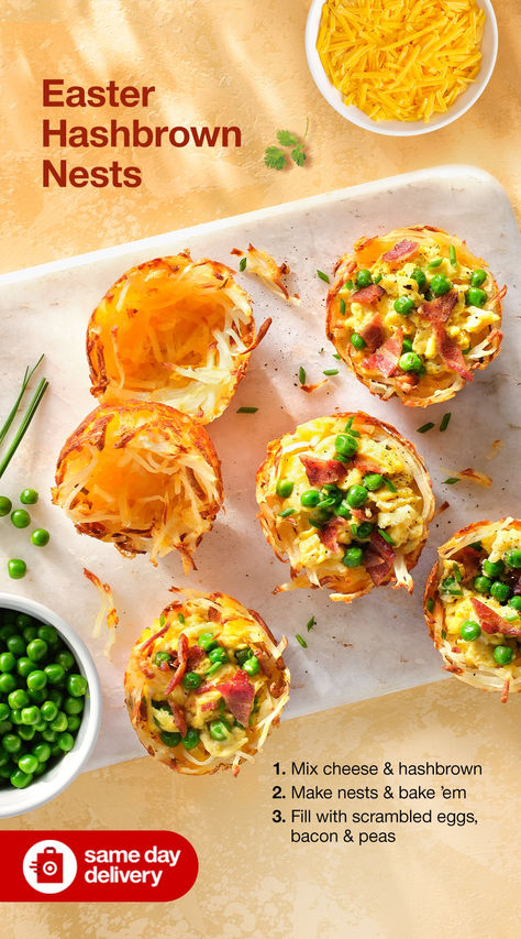 Quick Easter brunch idea: hashbrown nests. Bake this elevated appetizer with just four ingredients, it’s perfect for a potluck or spring hosting. Get everything you need with Same Day Delivery. Easter Hashbrown, Spring Hosting, Easter Potluck, Roast Turkey Gravy, Stove Top Stuffing Mix, Easter Meal, Easter Appetizers, Beef Steak Recipes, Hawaiian Sweet Rolls