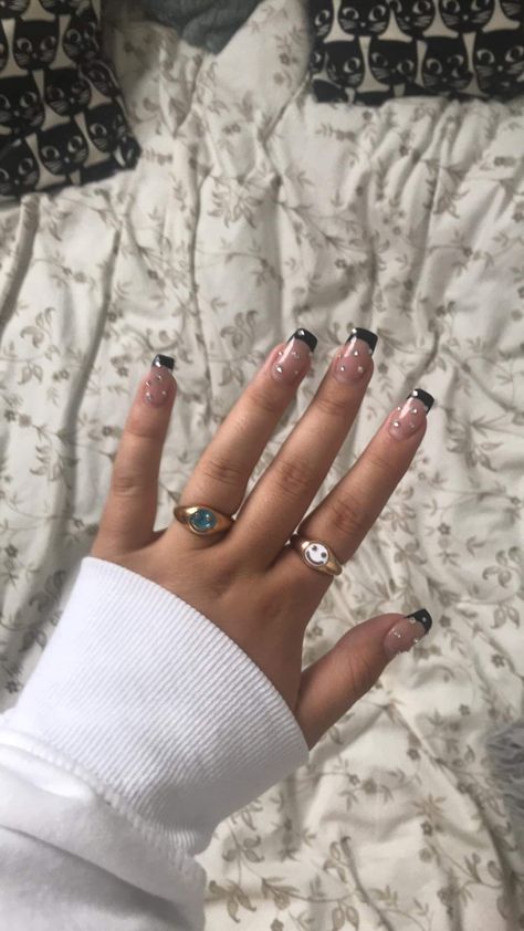 Black Acrylic Nails With Jewels, Black Tips With Rhinestones, Short Acrylics With Rhinestones, Rhinstone Patterns Nails Short, Black And White Nails With Rhinestones, Black French Tip Nails With Diamonds, Black French With Rhinestones, Black Acrylic Nails With Gems, Black French Tip With Rhinestones