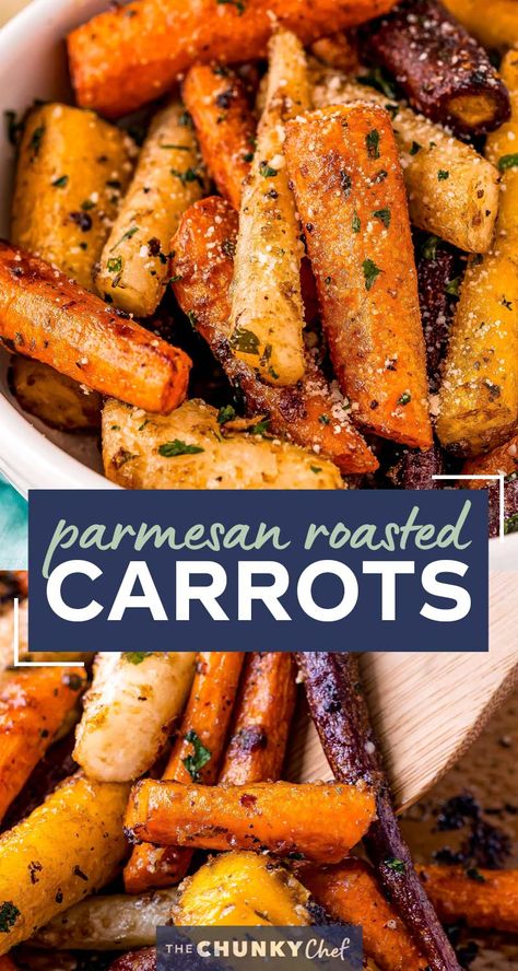 This classic Roasted Carrots recipe combines crisp fresh carrots, seasonings, garlic and Parmesan cheese, and bakes them until tender with lightly caramelized edges!  Savory with a natural sweetness from the carrots, it's the perfect side dish for the holidays or family dinner! #carrots #sidedish #vegetables #roasted #Parmesan #holiday #thanksgiving #easyrecipe #roastedveggies Roasted Carrots Salad, Seasoned Carrots Side Dishes, Roasted Carrots Savory, Roasted Carrots With Parmesan Cheese, Holiday Vegetables Recipes, Vegetable Dish For Thanksgiving, Colored Carrots Recipe, Carrot Seasoning, Fresh Carrot Recipes