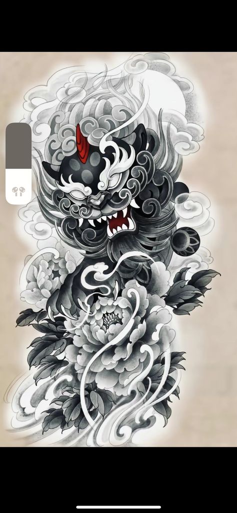 Female Foo Dog Tattoo, Japanese Stomach Tattoo, Japanese Foo Dog Tattoo Design, Fudog Tattoo Design, Japanese Foo Dog, Foo Dog Tattoo Design, Full Chest Tattoos, Black Tattoo Cover Up, Foo Dog Tattoo