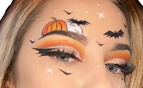 Pumpkin Themed Makeup, Halloween Eye Makeup For Work, Yellow Halloween Makeup, Halloween Makeup Eye Looks, Pumpkin Eye Makeup Halloween, Simple Pumpkin Makeup Halloween, Pumpkin Eyeshadow Looks, Pumpkin Makeup Ideas Easy, Cute Pumpkin Makeup Ideas