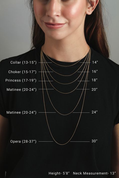 What length necklace chain is right for you? Use our guide above to help you find the perfect necklace chain length! Shop our sustainably made 14K gold or sterling silver necklace chains now! Add on charms or pendants to create your own unique look. #styleguide #necklacelength #necklaces #chain #goldchain #chains #charms #necklacestyles #goldnecklaces #necklaceguide Necklace Chain Length Chart, Chain Lengths For Necklaces, Chain Length Chart, Necklace Length Guide, Paperclip Chain Necklace, Necklaces Chain, Cross Neck, Wrist Jewelry, Buy Bead