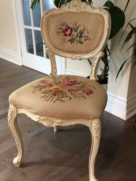 French provincial embroidered vintage chair, painted old white and lightly distressed . Artistic Furniture, Vintage Chair, French Chairs, French Provincial, Vintage Chairs, Old Furniture, Vintage French, French Vintage, Painted Furniture