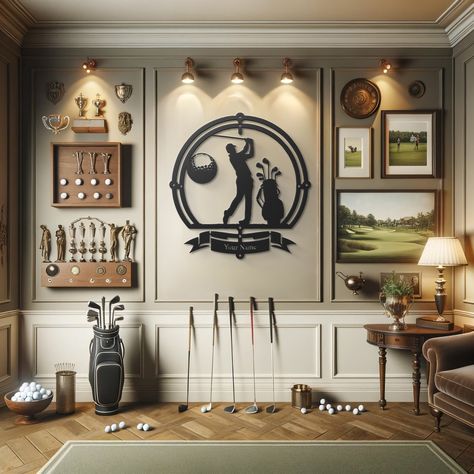 Drive home your passion for golf with this striking 🏌️♂️ Personalized Golf Silhouette Metal Wall Art. Perfect for the golf enthusiast, this piece captures the essence of the sport with a dynamic silhouette of a golfer in mid-swing, set within a classic border that includes a customizable banner for a name or special message. It's an ideal gift for the golf lover in your life, or a splendid addition to your clubhouse, home, or office. Personalize it to create a keepsake that celebrates the love Game Room Above Garage, Golf Theme Office Decor, Sports Theme Living Room, Golf Man Cave Decor, Golf Inspired Bedroom, Golf Room Decor Interior Design, Golf Office Decor Ideas, Golf Room Man Cave, Golf Theme Office