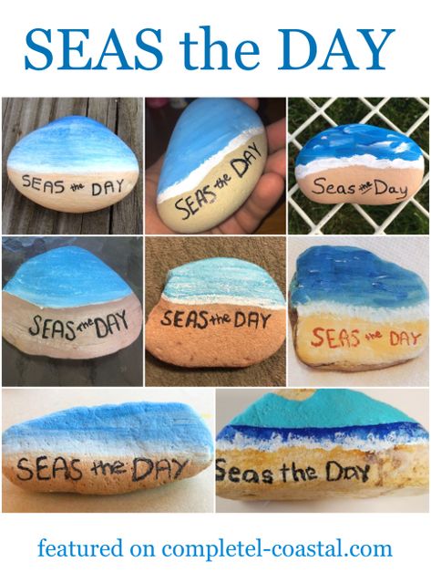 This painted rock idea took off! Fun painted seas the day rock with an ocean beach theme. The rock on the top left is the original inspiration painted rock (click to see it on Completely Coastal). Painted Rocks Ocean Beach Scenes, Rock Painting Ocean Theme, Ocean Themed Painted Rocks, Diy Beach Crafts, Stone Art Diy, Beach Themed Weddings, Popsicle Stick Crafts For Kids, Beach Crafts Diy, Beach Decorations