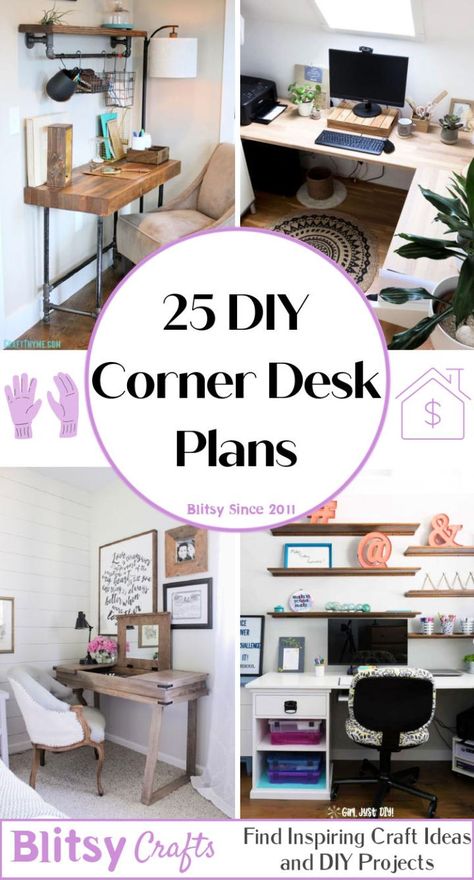 25 Homemade DIY Corner Desk Plans Easy To Build and Cheap L Shaped Desk Diy, Corner Office Space, Corner Desk Plans, Floating Corner Desk, Small Corner Desk, Corner Wall Decor, Diy Corner Desk, Desk Hacks, L Shaped Corner Desk