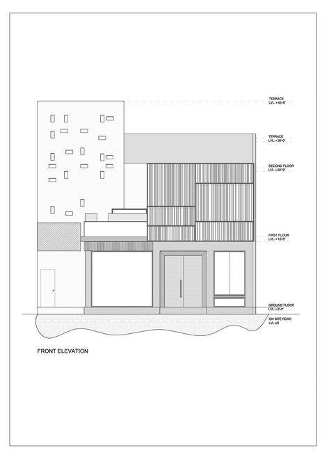 Front Elevation Elevation Drawing, Individual Space, Yard House, Arch Interior, House Studio, Material Palette, Small Windows, Front Elevation, Colorful Artwork