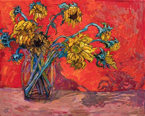 Floral still life painting by American impressionist Erin Hanson Vase Of Sunflowers, American Impressionism, Erin Hanson, Red Backdrop, Contemporary Impressionism, Impressionism Painting, Sunflower Art, Oil Canvas, Sunflower Painting