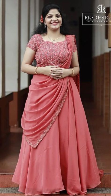 Long Gown For Reception Indian, Plain Saree Long Frock Designs, Plain Half Saree Designs, Simple Plain Gown Design, Plain Skirt And Crop Top Indian, Reception Frocks For Bride, Kerala Christian Engagement Dress, Half Frock Models, Plain Lehenga Designs