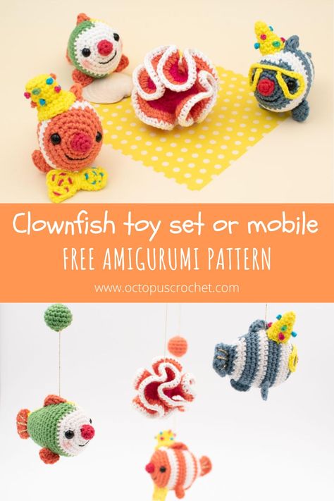 Crochet Fish Toy, Crochet Clownfish, Clown Fish Amigurumi Free Pattern, Crochet Cuddle Fish Free Pattern, Crochet Underwater Animals, Crochet Fish, Crochet Baby Boy, Clown Fish, Toy Sets