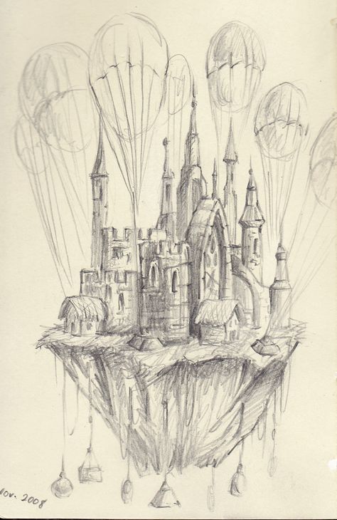 Dream Castle Drawing, Floating Land Drawing, Floating City Drawing, Floating Castle Drawing, Blimp Drawing, Floating Castle, Castle Sketch, Imagination Drawing, Labyrinth Art