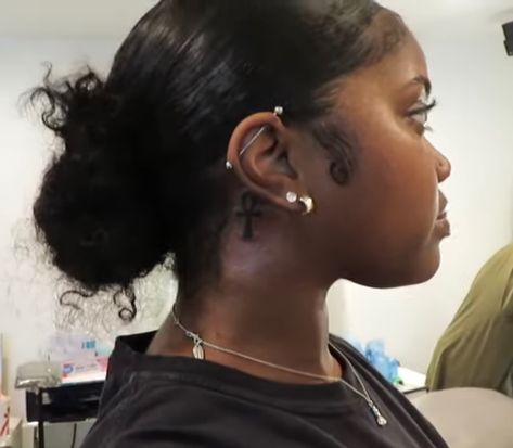 Ankh Tattoo Back Of Neck, Ankh Tattoo Behind The Ear, Tattoos Behind The Ear Black Women, Ankh Tattoo Ideas For Women, Anhk Tattoos Behind Ear, Ankh Behind Ear Tattoo, Small Behind The Ear Tattoo Ideas Black Women, Ank Tattoo Black Women, Behind Ear Tats Black Women