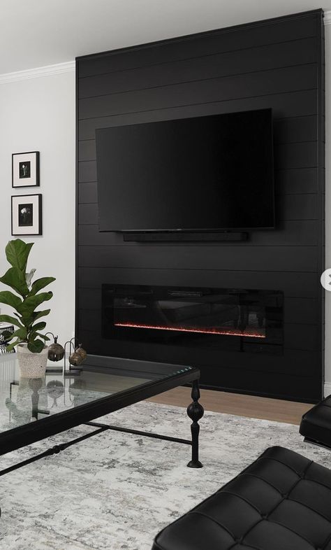 15 Black Shiplap Fireplace Ideas for a Moody Vibe - Nikki's Plate Black Shiplap Fireplace, Shiplap Fireplace Ideas, Black Fireplace Wall, Black Shiplap, House Of Silver Lining, The House Of Silver Lining, Black Feature Wall, Fireplace Tv Wall, Black Fireplace