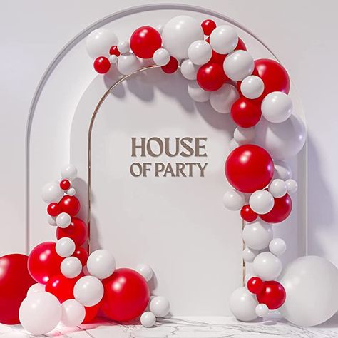 White And Red Balloon Garland, Red And White Balloon Garland, Peruvian Party, Red And White Balloons, Red Balloon Garland, White Balloon Garland, Ballon Art, Birthday Glam, Red Birthday Party