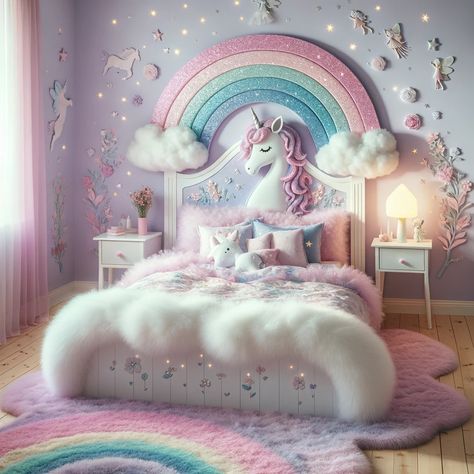 Modern Unicorn Bedroom, Unicorn Room Decor Kids Girls Bedroom, Unicorn And Rainbow Bedroom, Unicorn Beds, Unicorn Bedroom Ideas, Girls Room Unicorn, Unicorn Themed Bedroom, Pastel Girls Room, Bedroom Unicorn