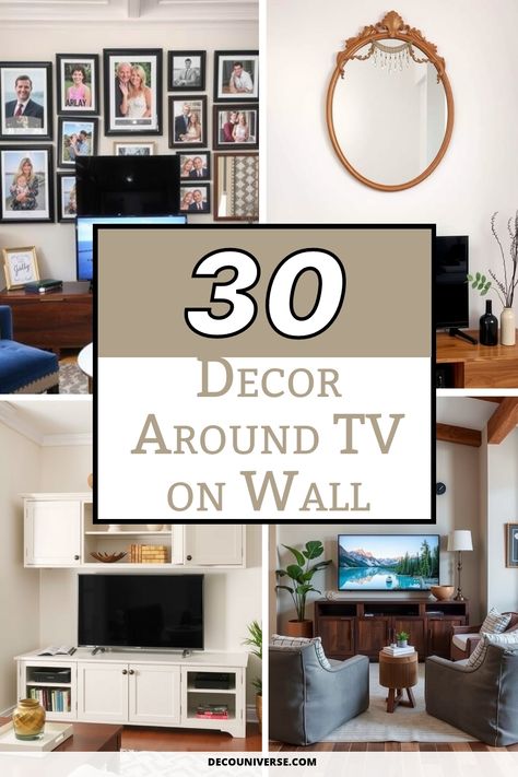 Transform your living space with these 30 stylish decor ideas for your wall-mounted TV. From floating shelves and gallery walls to cozy blankets and accent lighting, create a stunning focal point that blends design and functionality. Discover tips to enhance your TV area, maintain an organized look, and express your personal style effortlessly! Decorations Next To Tv On Wall, Living Room Wall Mounted Tv Ideas, Decorating Above Entertainment Center, Decorate Entertainment Center Shelves, Living Room Wall Above Tv, Floating Shelf Above Tv Living Room, Wall Decor Tv Room, Credenza Under Wall Mounted Tv, Lights Around Tv On Wall