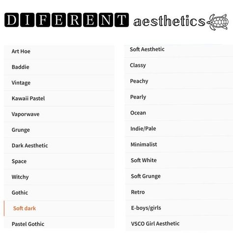 Different Aesthetic Types List, Aesthetic Outfit Style Names, Different Style Aesthetic Names, Types Of Vibes List, Outfits Names List, Types Of Outfit Aesthetic List, Types Of Clothing Styles Aesthetic List, Types Of Vibes Aesthetic, Types Aesthetics List