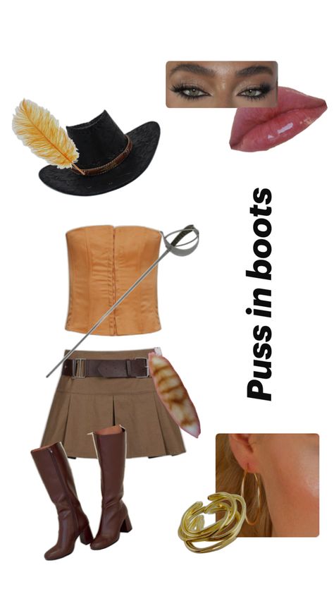 Brown Boots Halloween Costume, Brown Skirt Costume, Indiana Jones Costume Women, Pussin Boots Costume, Halloween Costumes With Boots, Brown Halloween Costumes, Brown Corset Outfit, Indiana Jones Costume, Brown Mini Skirt