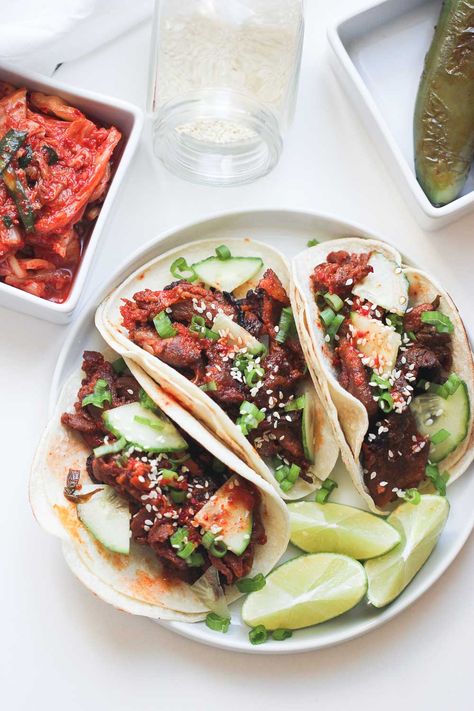 Make the best tacos of your life with these Korean pork tacos! Korean Pork Tacos, Taco Dip With Meat, Pork Tacos Crockpot, Tacos Crockpot, Layer Taco Dip, 7 Layer Taco Dip, Fresh Kimchi, Layered Taco, Taco Dip Recipe