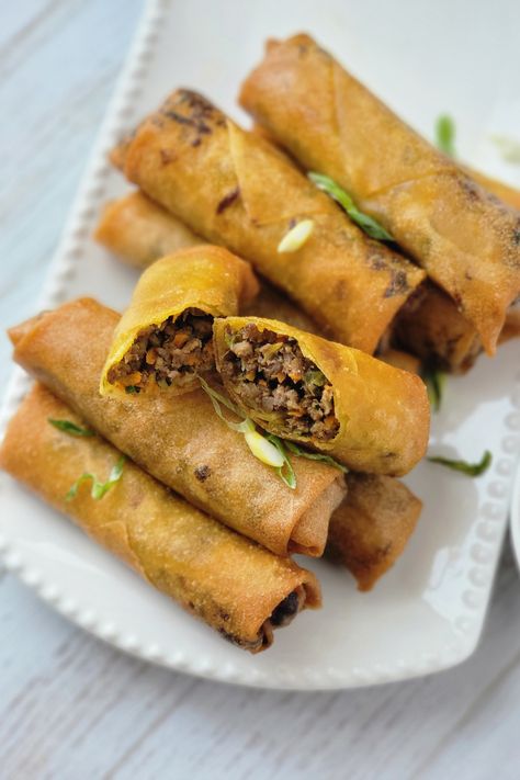 Beef and Mushroom Spring Rolls - | Bakersbeans (Wanda Baker) Spring Rolls Beef, Ground Beef Egg Rolls Recipes, Mushroom Spring Rolls, Rolled Dumplings Recipe, Beef Spring Rolls, Ground Beef Mushrooms, Dumplings Recipes, Spring Rolls Recipe, Veggie Spring Rolls