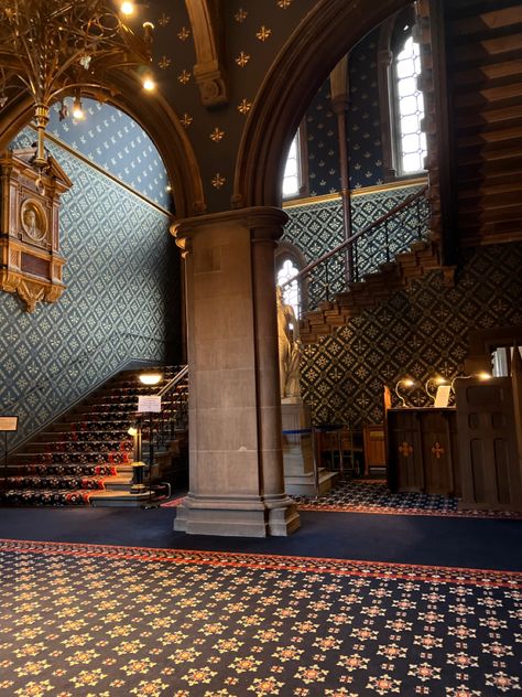 Gorgeous blue vintage room and staircase in Glasgow University Glasgow Scotland University, University Of Edinburgh Campus, University Of Glasgow Aesthetic, Glasgow University Aesthetic, Glasgow Scotland Aesthetic, Fancy University, Glasgow Aesthetic, University Inspiration, Scotland Aesthetic