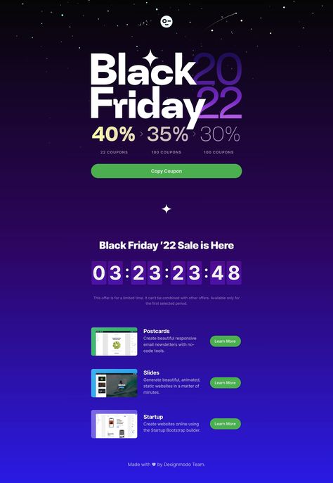 Quality Black Friday Landing Page (and concept) by Designmodo featuring a limited amount of tiered discounts. The discount status is clearly illustrated with a lovely big green button to copy the coupon to your clipboard. Black Friday Website, Black Friday Logo, Black Friday Design, One Page Website, Website Inspiration, Create Website, Green Button, Landing Page Design, Clipboard