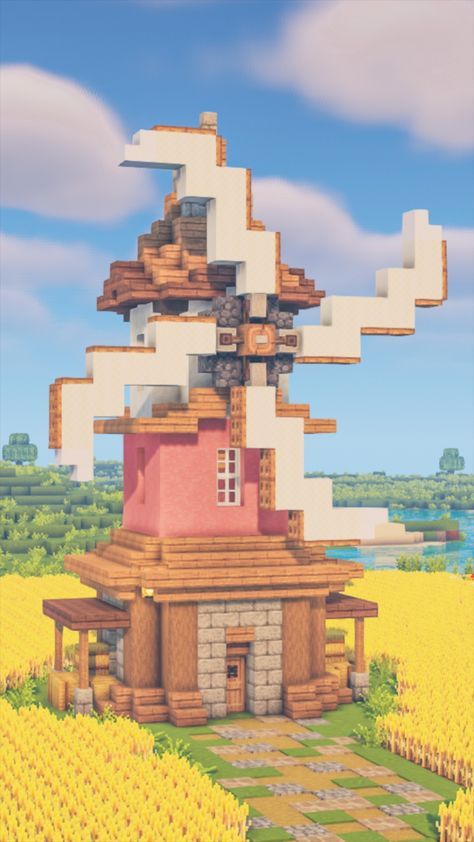 Aesthetic Minecraft Cottagecore, Windmill In Minecraft, Windmill Minecraft, Build A Windmill, Cottagecore Minecraft House, Mizunos 16 Craft, Minecraft Barn, House Cottagecore, Minecraft Cottagecore