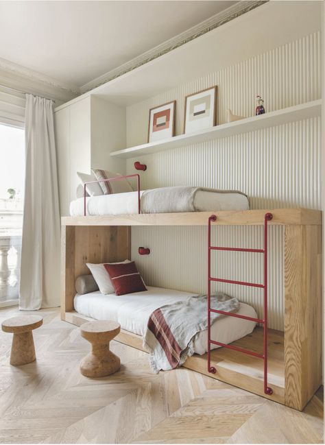 Freestanding Bunk Beds, White Oak Bunk Bed, Bunk Bed Scandinavian, Minimalist Bunk Bed Small Spaces, Bedroom Ideas For Small Rooms Two Beds, Narrow Bunk Beds, Minimalist Bunk Beds, Low Ceiling Bunk Room, Two Beds Small Room