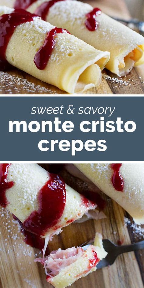 These Monte Cristo Crepes are sweet and savory and perfect for breakfast, brunch or dinner! Tender crepes are filled with cheese, ham and turkey and topped with raspberry jam and powdered sugar. Ham Cheese Crepes, Restaurant Brunch Ideas, Monte Cristo Crepes, Savory Crepe Fillings, Crepes Filling Ideas, Crepe Bar Ideas, Crepe Brunch, Crepe Filling Ideas, Savory Crepe Recipe