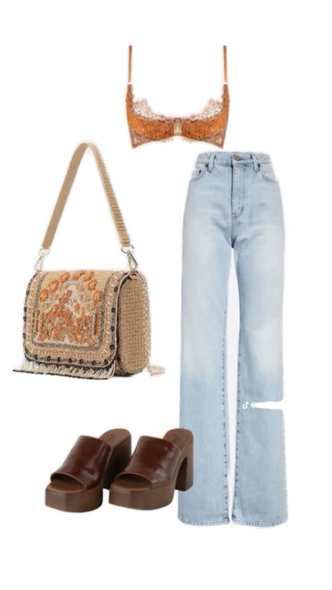 Orange lace for love and lemons top with straight leg jeans with a brown heel and a matching orange beaded purse Nashville Fits, Outfit Western, دورة شهرية, Country Festival, Usa Trip, Going Out Outfit, Looks Country, Nashville Outfits, City Outfits