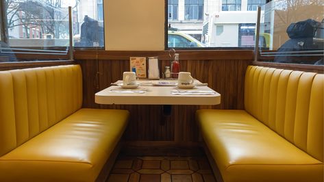 Restaurant Booth In Home, Sitting In Diner Booth Reference, Old Diner Aesthetic, Dinner Booth, Honeycomb Architecture, Diner Interior, Booth Aesthetic, Yellow Restaurant, Diner Scene