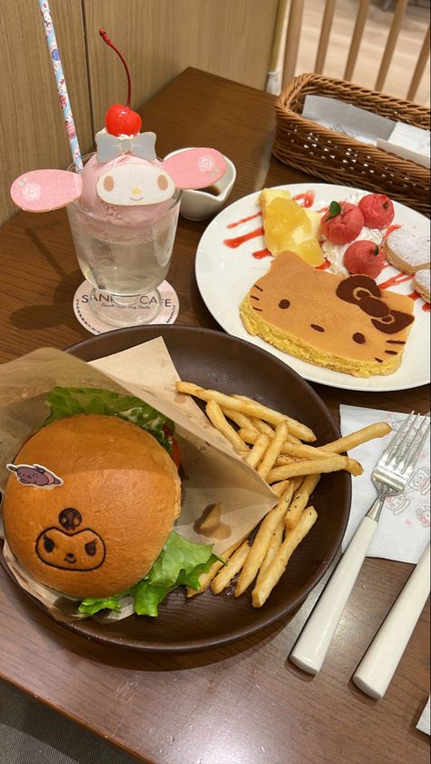 sanrio food kawaii food kuromi mymelody hellokitty Japan Hello Kitty Cafe, Japan Cafe Food, Cute Cafe Japan, Sanrio Cafe Japan, Hello Kitty Cafe Aesthetic, Sanrio Restaurant, Kirby Cafe Japan, Cute Cafe Food, Cute Meals