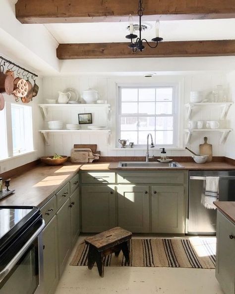 Picture of relaxed farmhouse kitchen with shiplap walls Popular Kitchen Colors, No Upper Cabinets, Shiplap Kitchen, Minimal Kitchen, Timeless Kitchen, Kitchen Colour Schemes, Country Kitchen Decor, Green Cabinets, Beautiful Kitchen