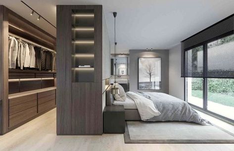 Wardrobe Behind Bed, Dröm Hus Planer, Closet Behind Bed, Bed In Closet Aesthetic, Stylish Bedroom Design, Bed In Closet Ideas, Closet Aesthetic, Luxury Closets Design, Bedroom Closet Design