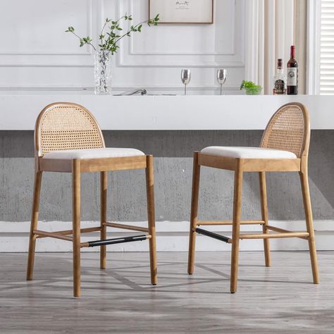 HEAH-YO Modern Bar Stools Set of 2, 30 Inches Seat Height Bar Stools with Rattan Backrests and Solid Wood Frame, Comfy Kitchen Stools for Island, Beige Mid Century Bar Stools, Rattan Counter Stools, Island Chairs, Rattan Stool, Island Stools, Rattan Bar Stools, Modern Counter Stools, Stools For Kitchen Island, Kitchen Fabric