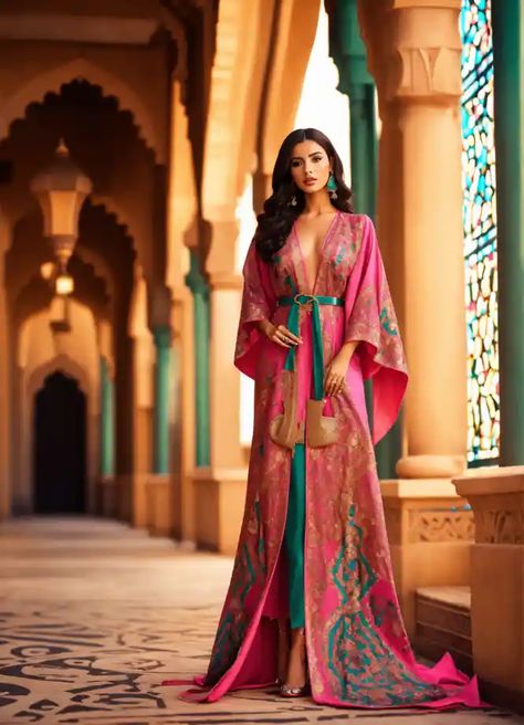 Arabian Outfits For Women, Arabian Night Party, 90s Brunette, Night Party Outfits, Arabian Outfit, Night Party Outfit, Morocco Kaftan, Arab Dresses, Caftan Simple