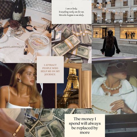 Collage with sayings about manifesting money, pictures of cash, designer products, Paris Money Is Flowing To Me, Money Abundance Vision Board, Money And Love Manifestation Wallpaper, Vision Board Beauty, Manifesting Money Aesthetic, Money Flows To Me Easily, Money Flows To Me, Wealth Manifestation, I Deserve Better