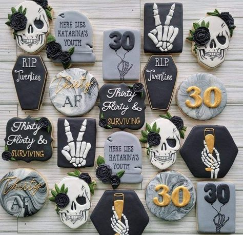 Gothic Birthday Cookies, Rip 20s Cupcakes, Rip Cookies, Rip 20s Cookies, 30th Cupcakes, Coffin Cookies, Rip 20s, Surprise 30th Birthday, 30th Birthday Themes